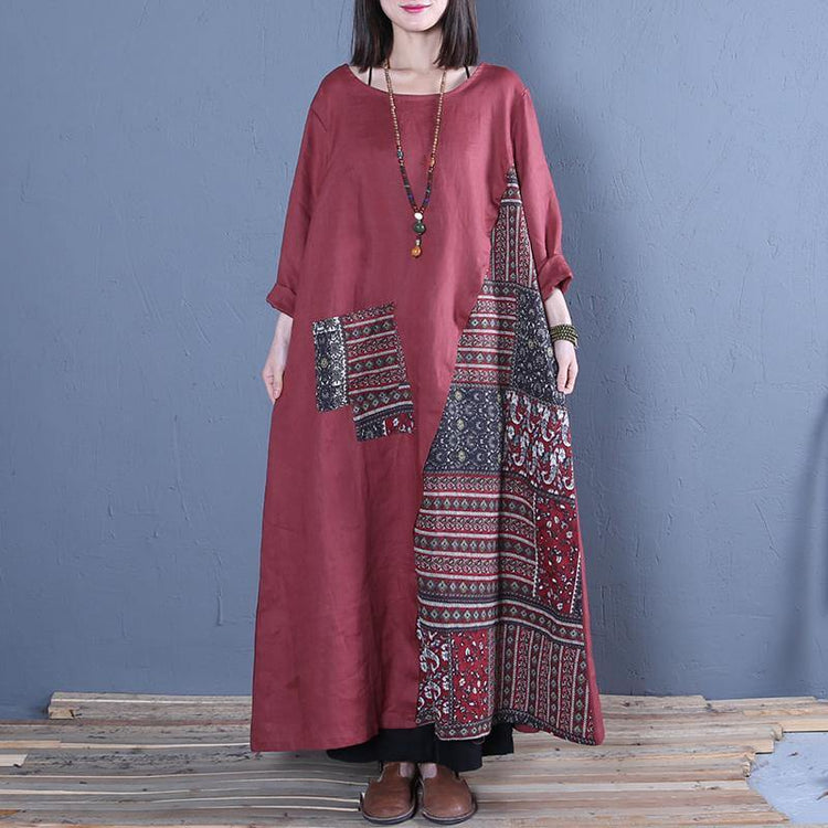 Style o neck patchwork linen dresses Catwalk burgundy Dress spring - Omychic