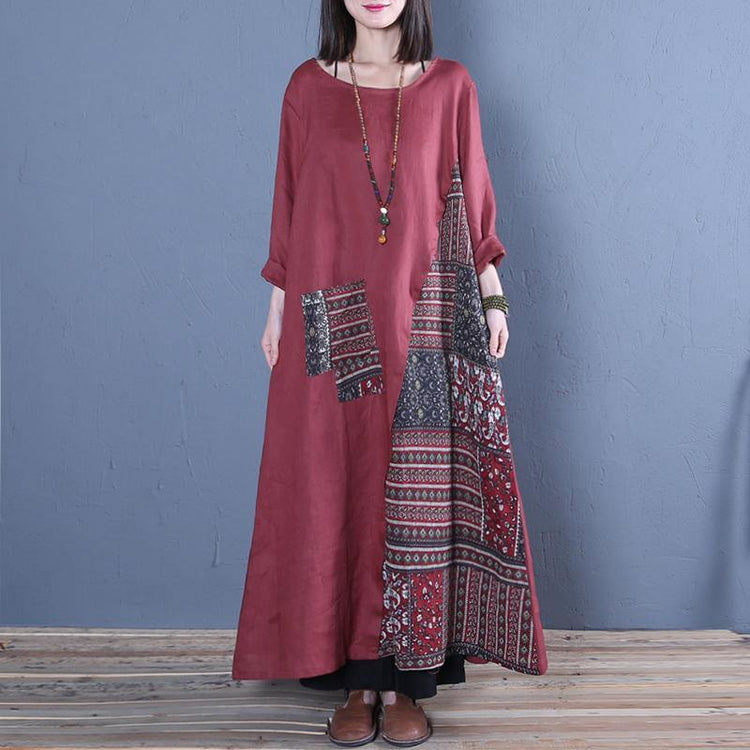 Style o neck patchwork linen dresses Catwalk burgundy Dress spring - Omychic