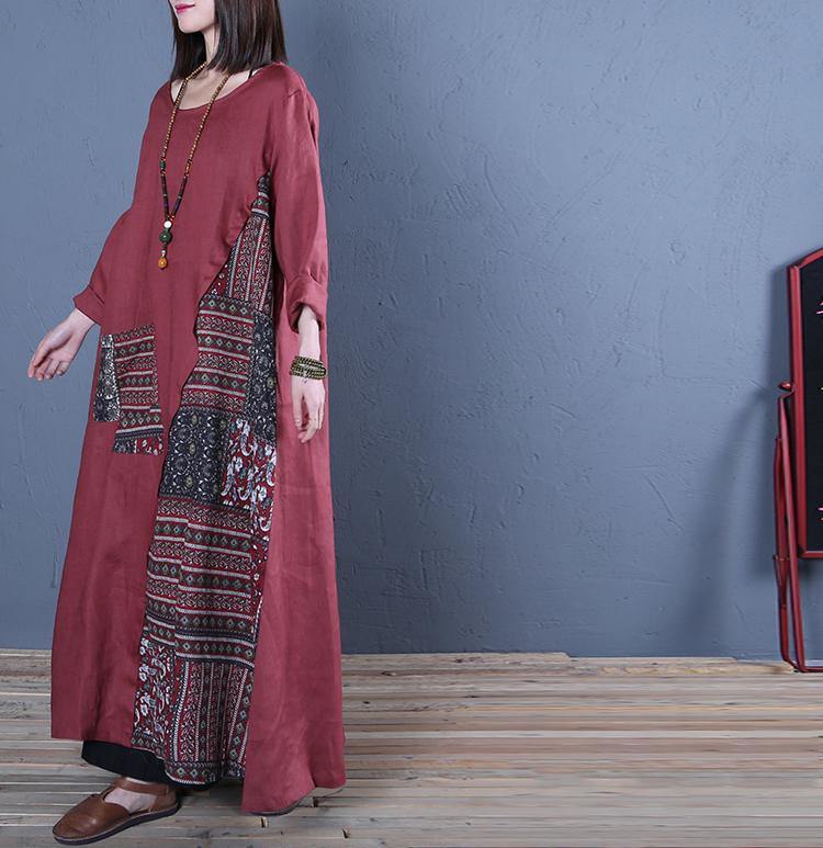 Style o neck patchwork linen dresses Catwalk burgundy Dress spring - Omychic