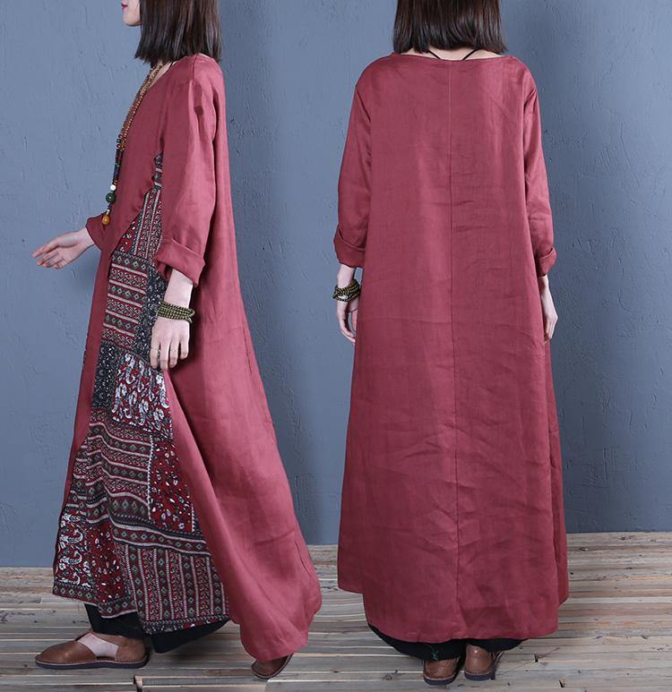 Style o neck patchwork linen dresses Catwalk burgundy Dress spring - Omychic