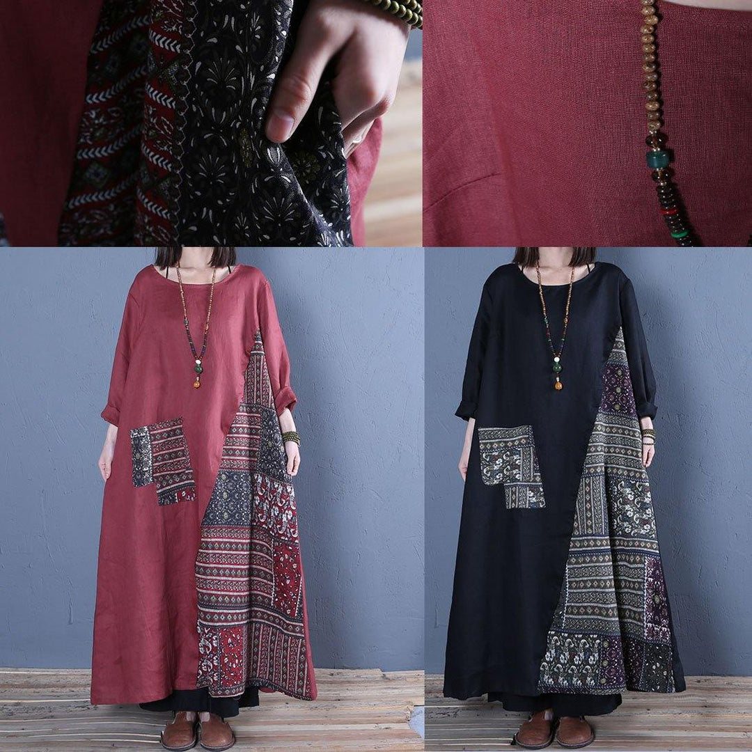 Style o neck patchwork linen dresses Catwalk burgundy Dress spring - Omychic