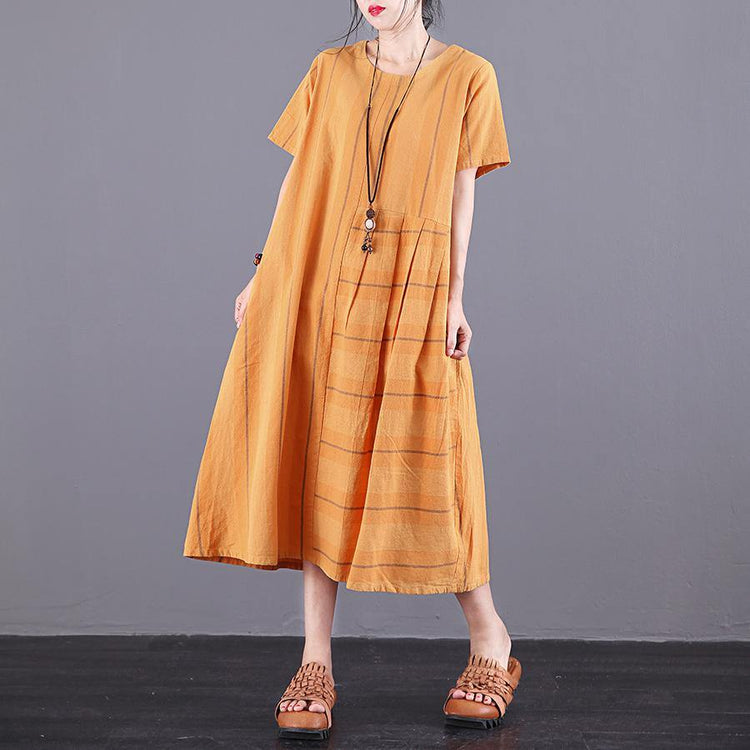 Style o neck patchwork pockets cotton dress design yellow Plaid Dress summer - Omychic