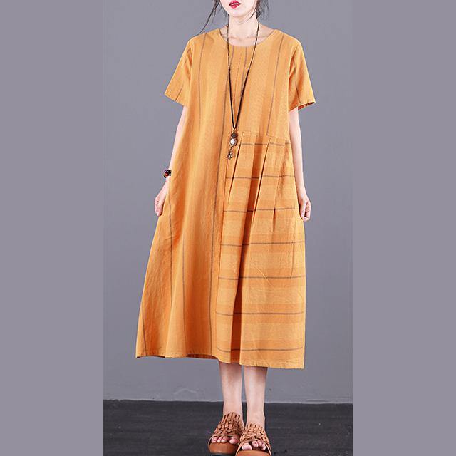 Style o neck patchwork pockets cotton dress design yellow Plaid Dress summer - Omychic