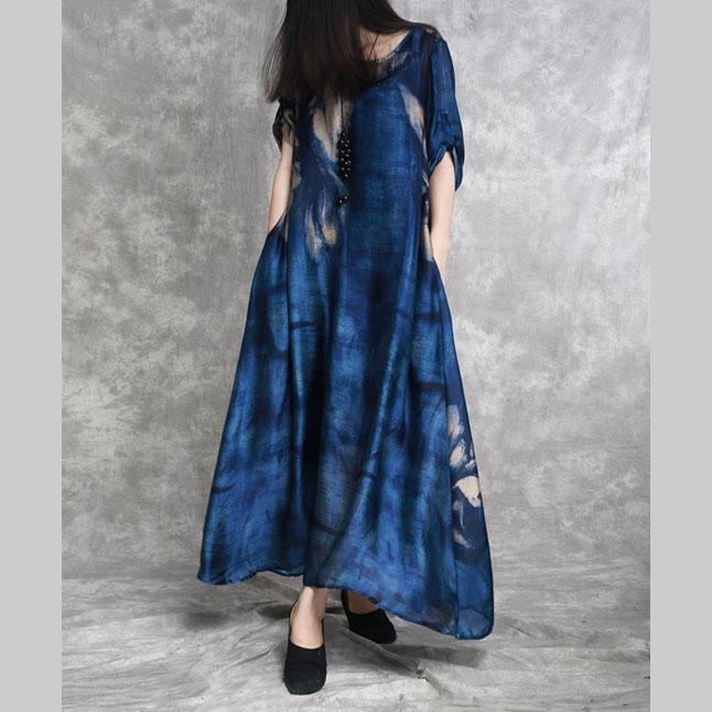 Style o neck pockets Wardrobes Fine Sewing blue print long Dress Summer - Omychic