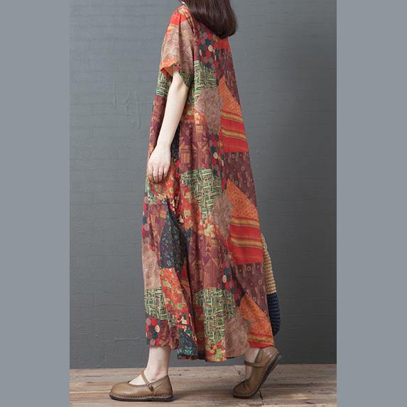 Style o neck pockets baggy linen Wardrobes Photography red print Dress summer - Omychic