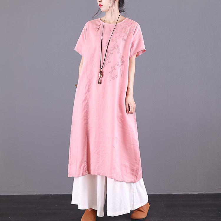 Style o neck pockets linen Long pink embroidery Dresses summer - Omychic