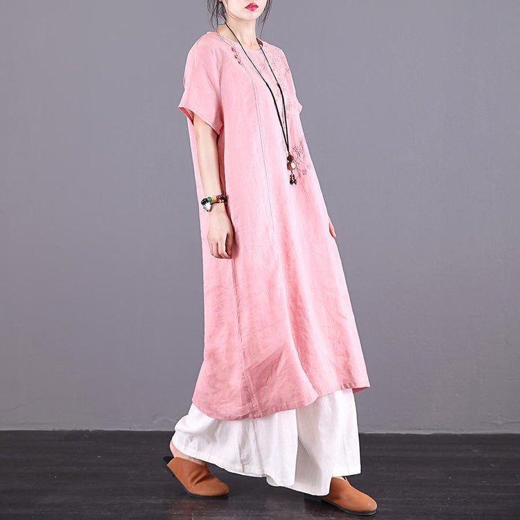 Style o neck pockets linen Long pink embroidery Dresses summer - Omychic