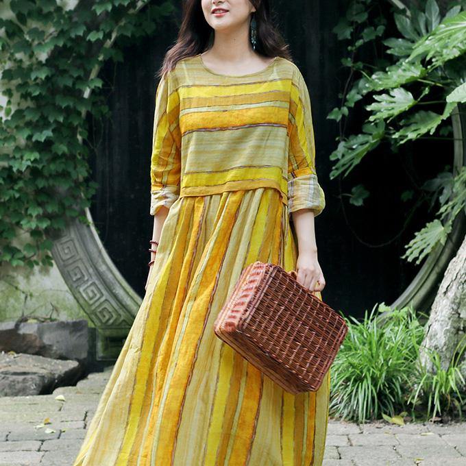 Style o neck pockets linen clothes stylish Sleeve yellow striped cotton Dress Summer - Omychic