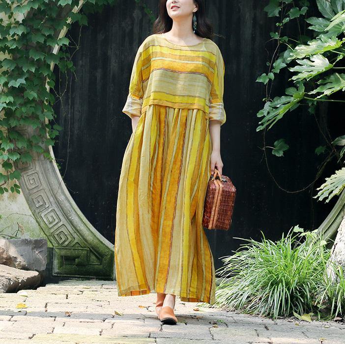Style o neck pockets linen clothes stylish Sleeve yellow striped cotton Dress Summer - Omychic