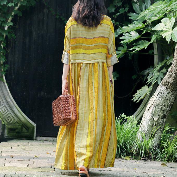 Style o neck pockets linen clothes stylish Sleeve yellow striped cotton Dress Summer - Omychic