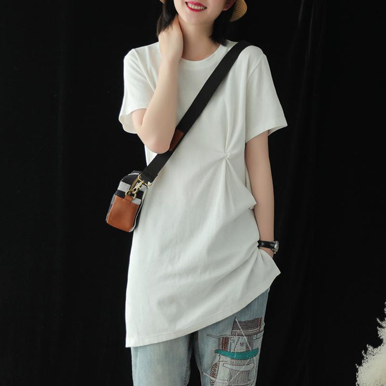Style o neck side open cotton tunic top Christmas Gifts white shirts summer - Omychic