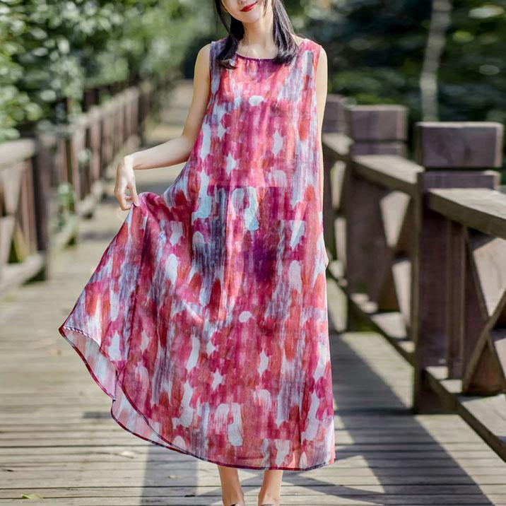 Style o neck sleeveless linen dress Catwalk red print Dresses summer - Omychic