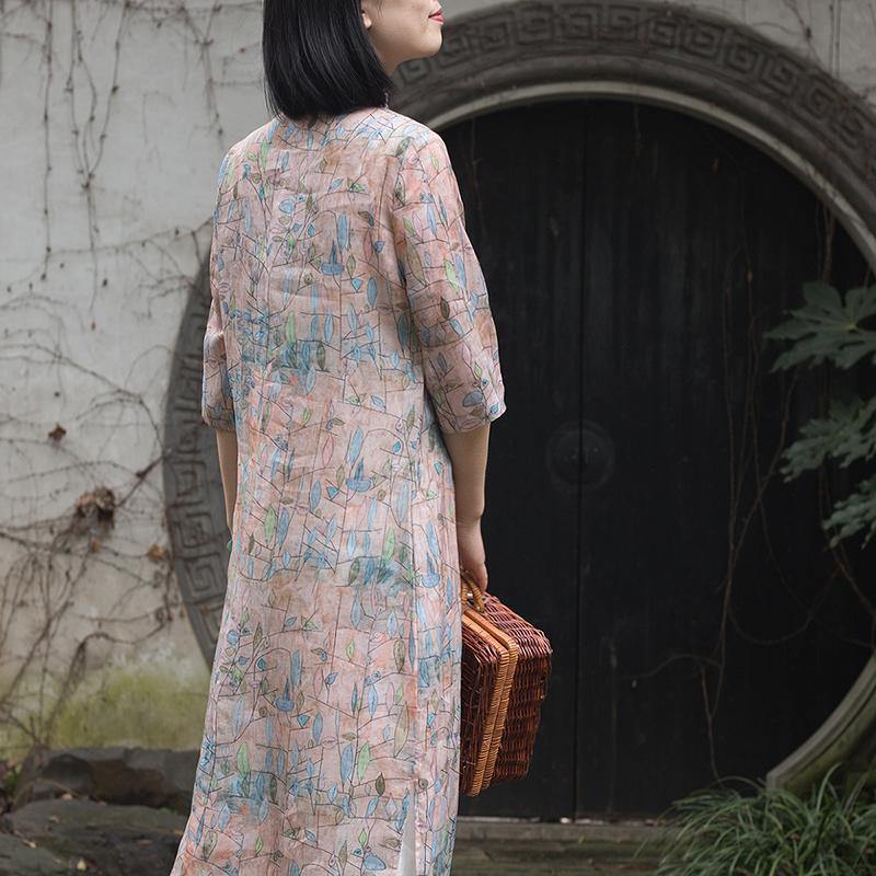 Style o neck stand collar linen dress Metropolitan Museum Sewing floral Robe Dresses Summer - Omychic