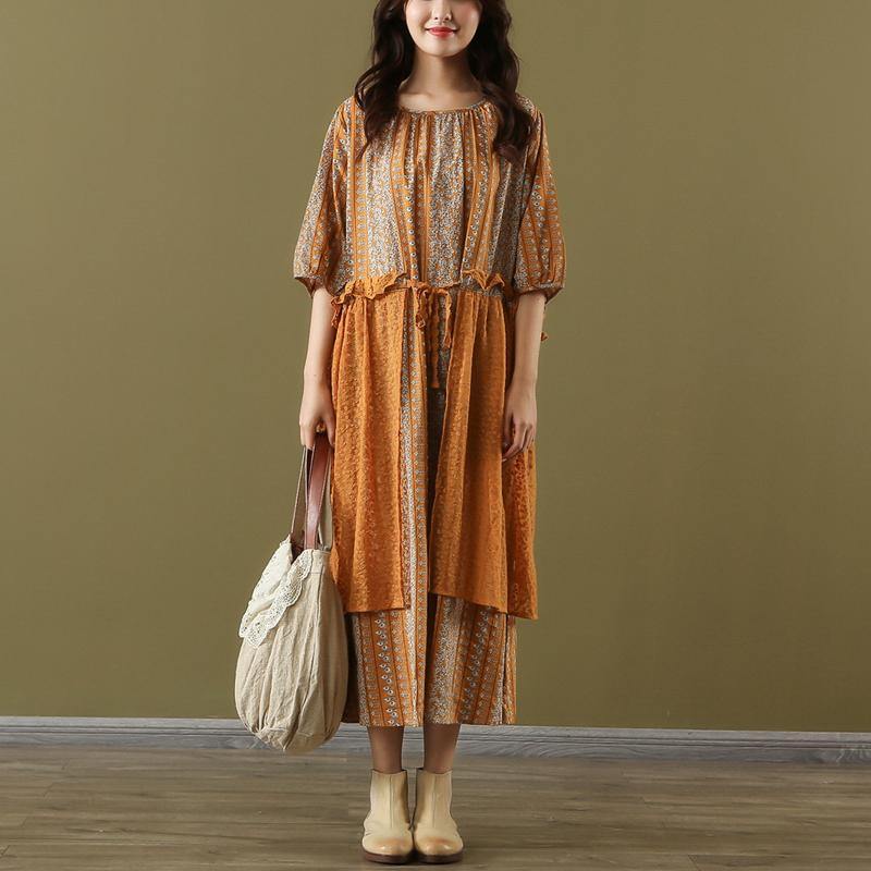 Style orange print linen cotton dress o neck false two pieces long summer Dress - Omychic