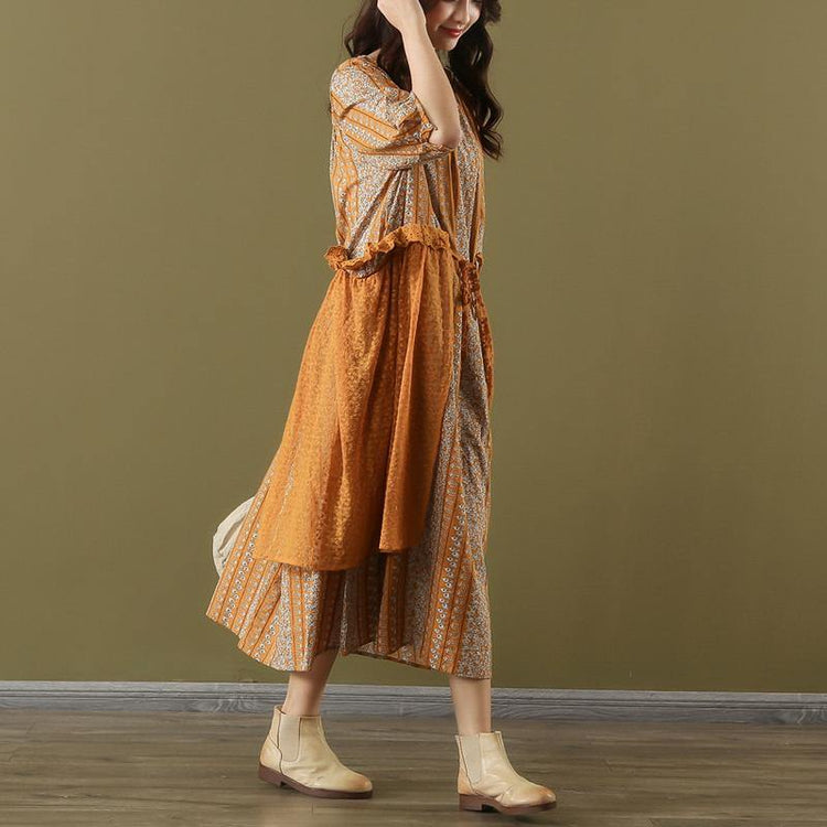 Style orange print linen cotton dress o neck false two pieces long summer Dress - Omychic