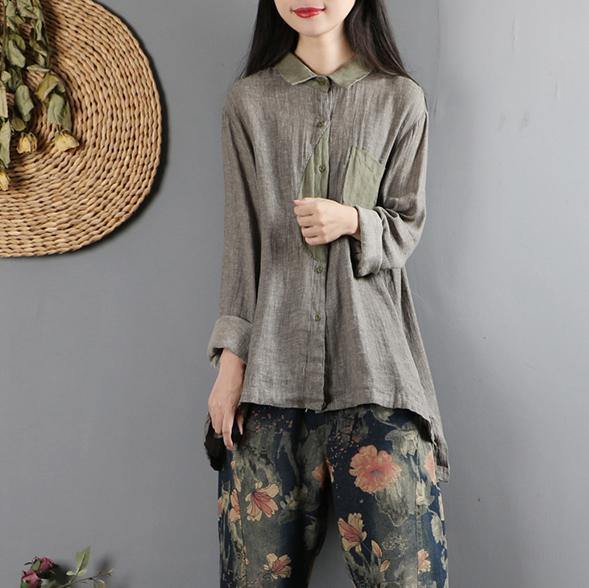 Style patchwork cotton fall tunic top Neckline gray green top - Omychic