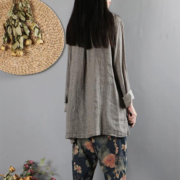 Style patchwork cotton fall tunic top Neckline gray green top - Omychic