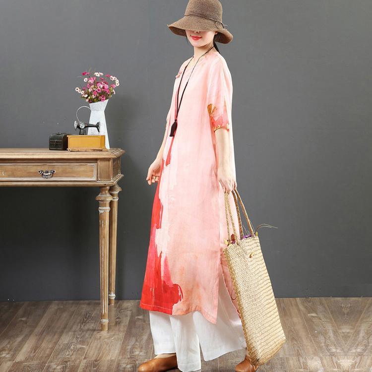 Style pink print linen dresses plus size Online Shopping o neck side open long Summer Dress - Omychic