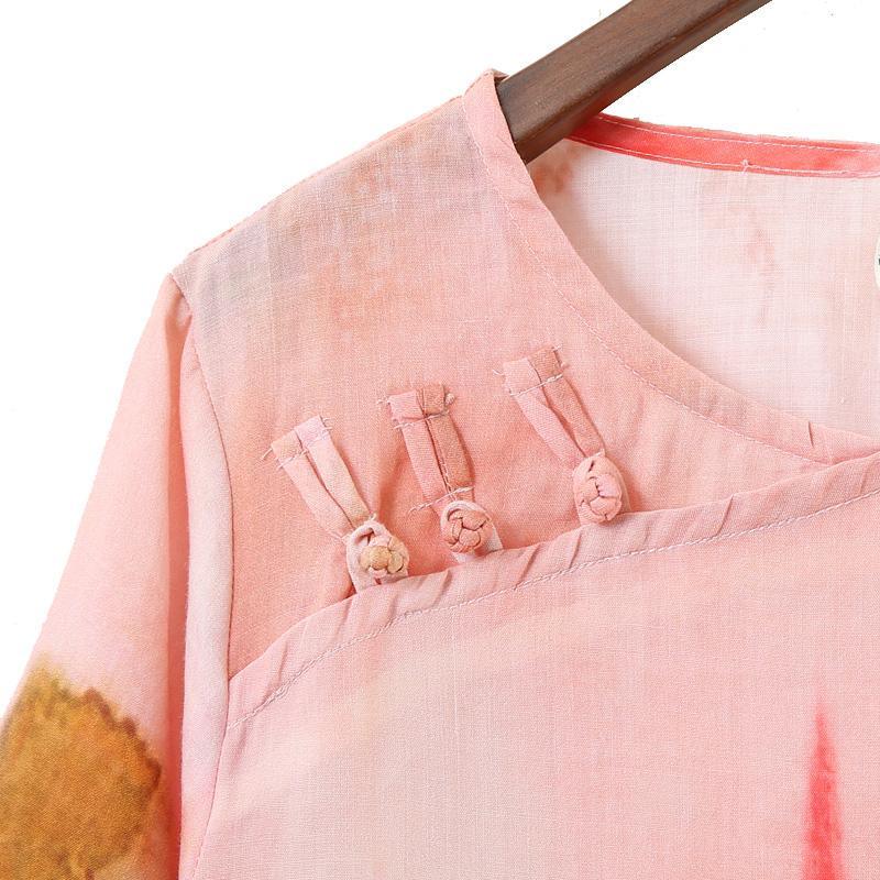 Style pink print linen dresses plus size Online Shopping o neck side open long Summer Dress - Omychic