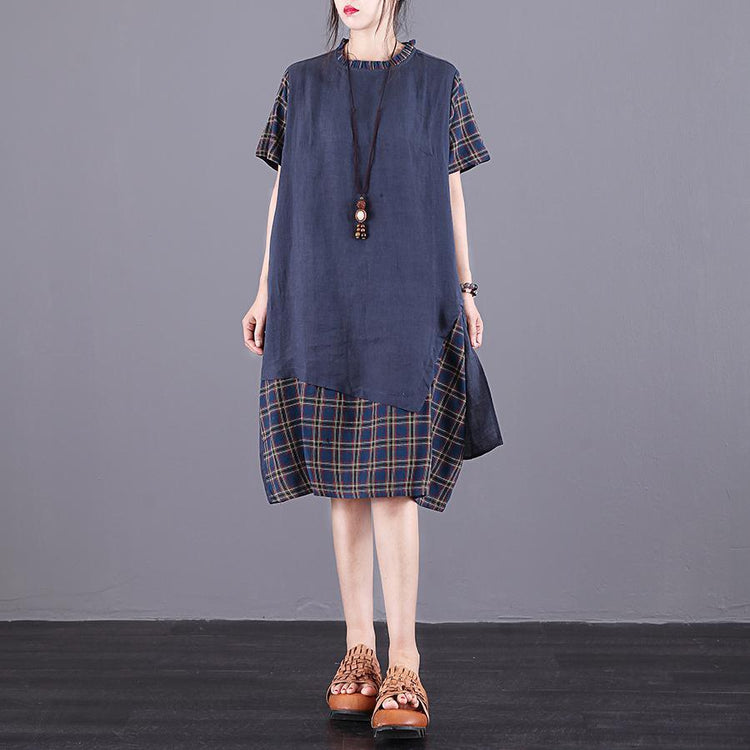 Style pockets false two pieces linen Wardrobes Sewing blue Plaid Dresses summer - Omychic