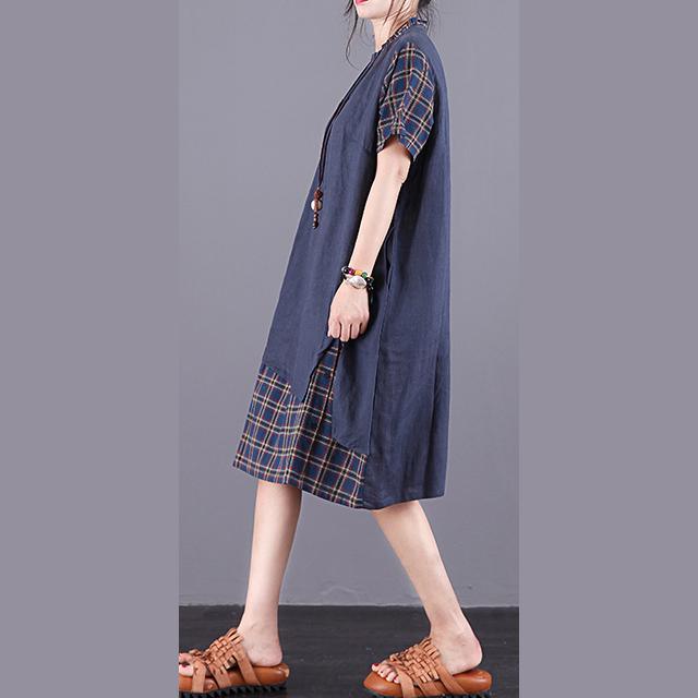 Style pockets false two pieces linen Wardrobes Sewing blue Plaid Dresses summer - Omychic