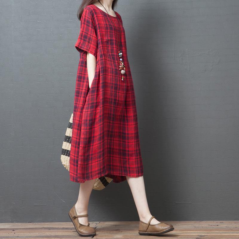 Style red Plaid linen cotton dress pockets o neck short summer Dress - Omychic