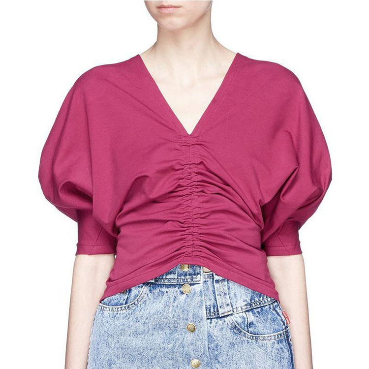 Style red cotton clothes v neck oversized summer blouse - Omychic