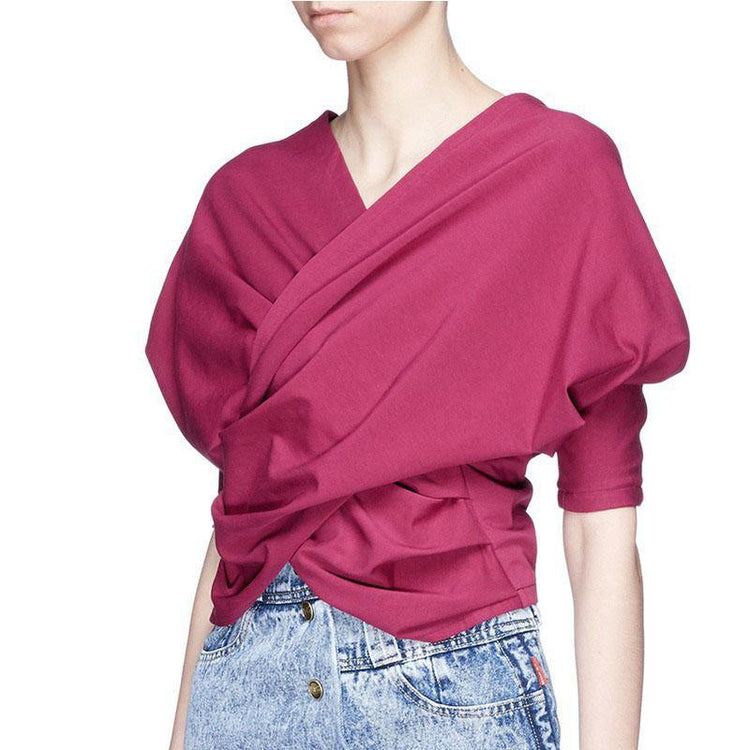 Style red cotton clothes v neck oversized summer blouse - Omychic