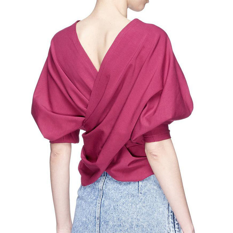 Style red cotton clothes v neck oversized summer blouse - Omychic