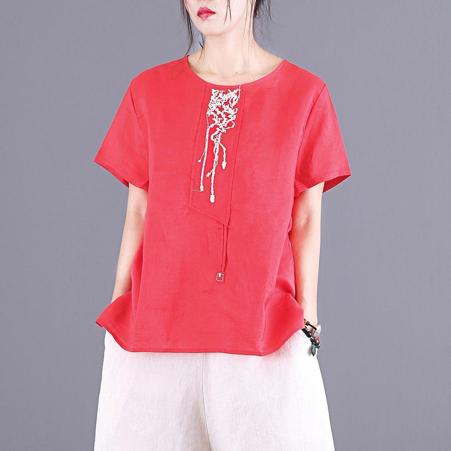 Style red embroidery linen blouses for women o neck patchwork Midi summer tops - Omychic
