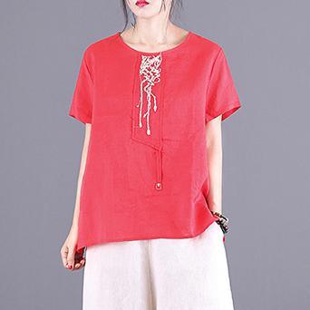 Style red embroidery linen blouses for women o neck patchwork Midi summer tops - Omychic