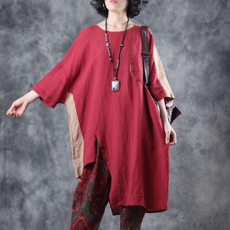 Style red linen clothes For Women o neck patchwork loose summer shirt - Omychic