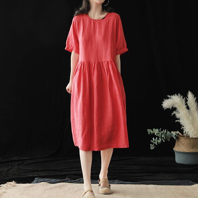 Style red linen clothes o neck half sleeve baggy summer Dresses - Omychic