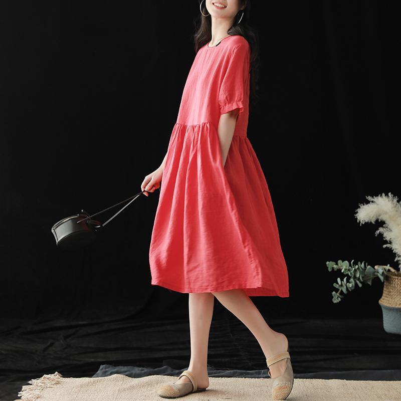 Style red linen clothes o neck half sleeve baggy summer Dresses - Omychic