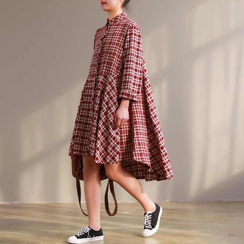 Style red plaid linen cotton quilting dresses stylish Fashion Ideas long sleeve Midi low high design Dress - Omychic