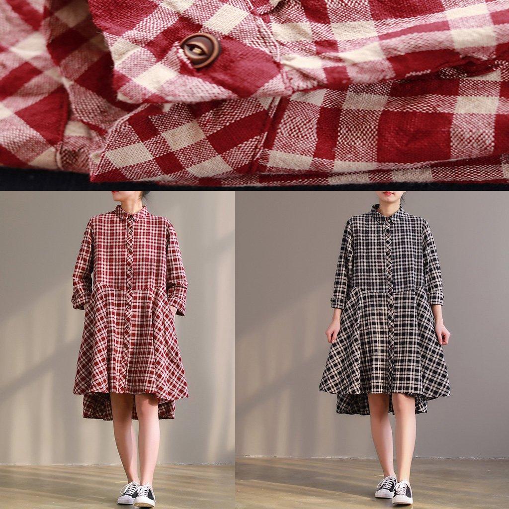 Style red plaid linen cotton quilting dresses stylish Fashion Ideas long sleeve Midi low high design Dress - Omychic