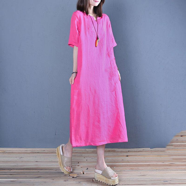 Style rose linen Wardrobes v neck embroidery cotton robes summer Dresses - Omychic
