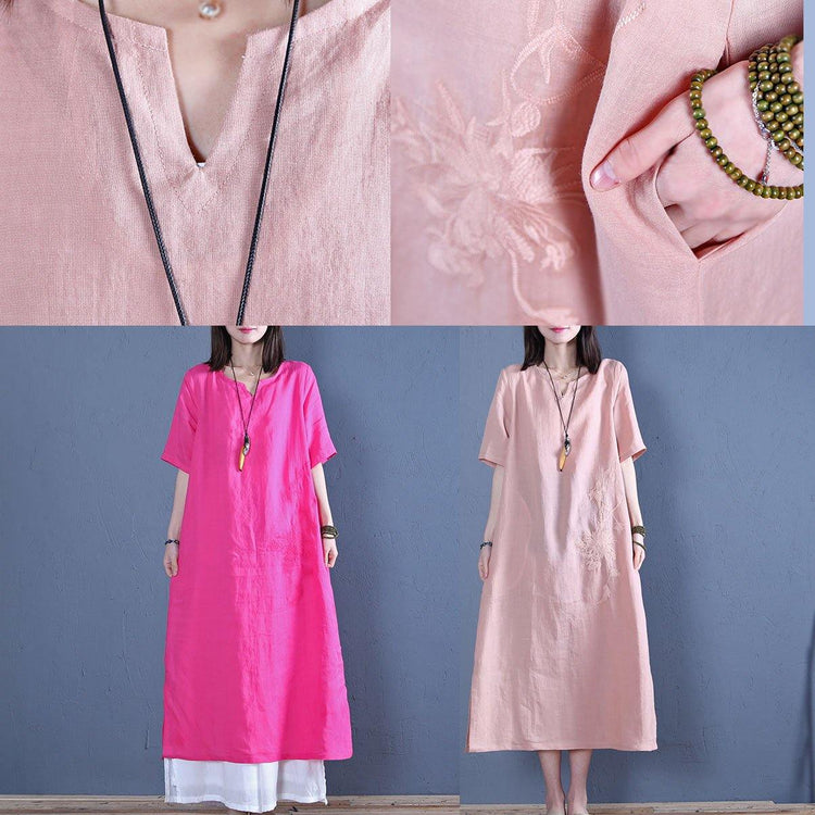 Style rose linen Wardrobes v neck embroidery cotton robes summer Dresses - Omychic