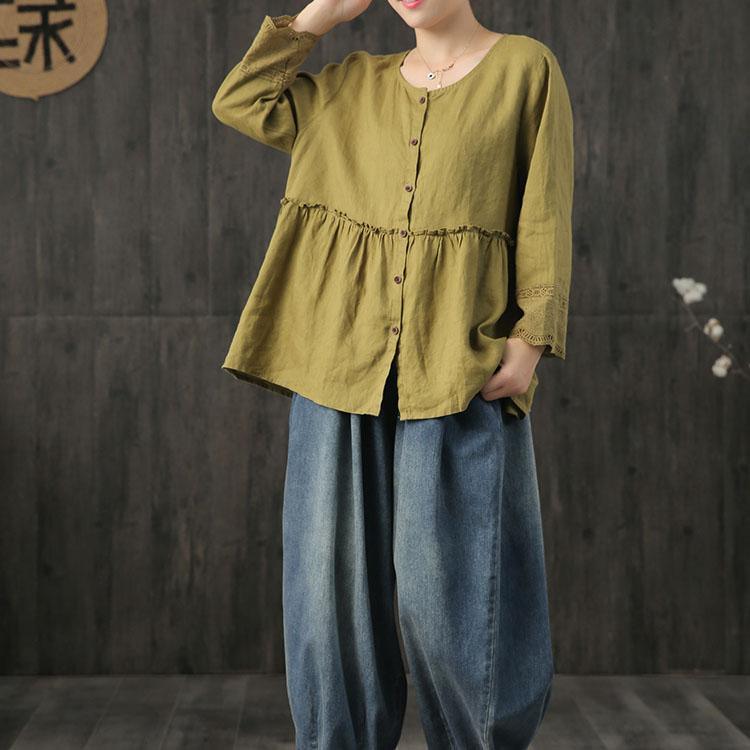Style ruffles patchwork linen clothes For Women Shirts green embroidery shirts fall - Omychic