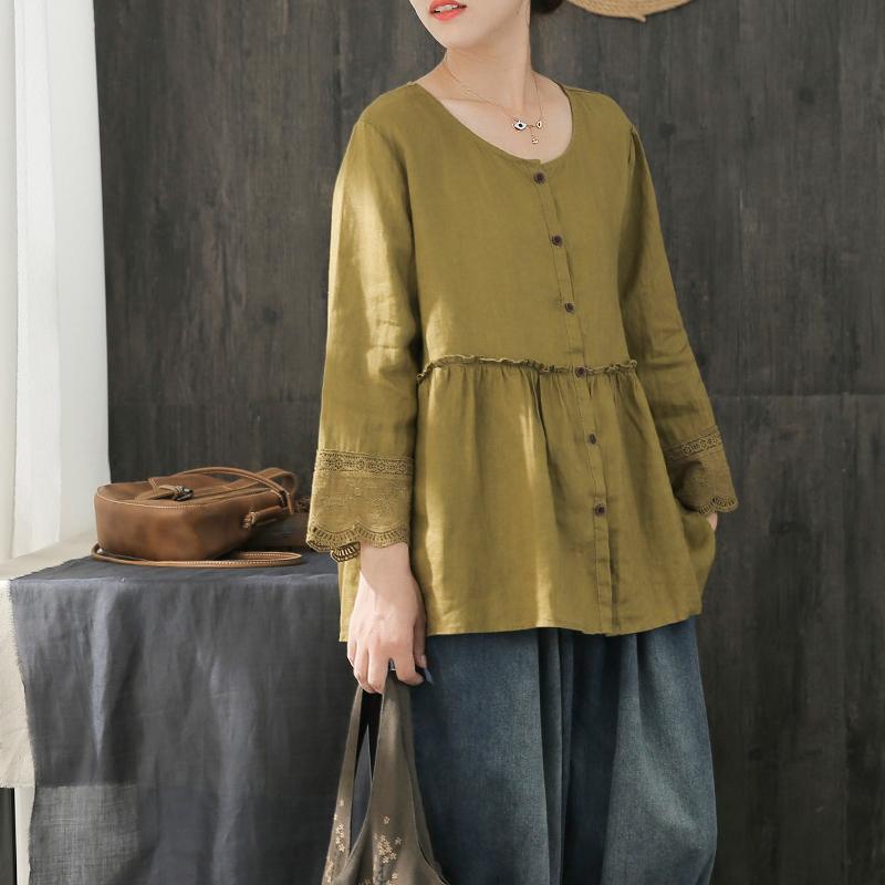 Style ruffles patchwork linen clothes For Women Shirts green embroidery shirts fall - Omychic