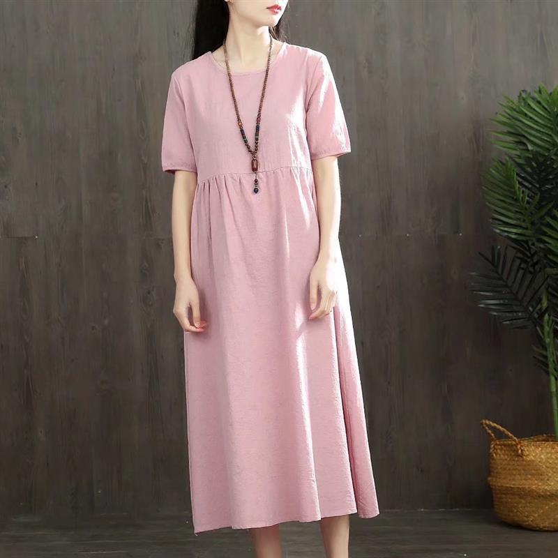 Style short sleeve cotton linen clothes For Women pattern purple Dress summer - Omychic
