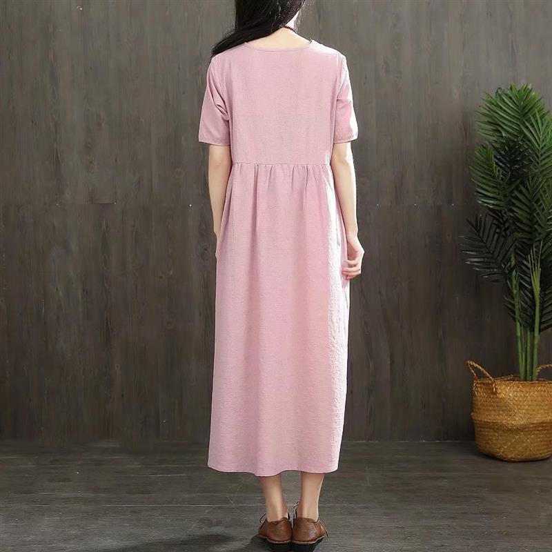 Style short sleeve cotton linen clothes For Women pattern purple Dress summer - Omychic