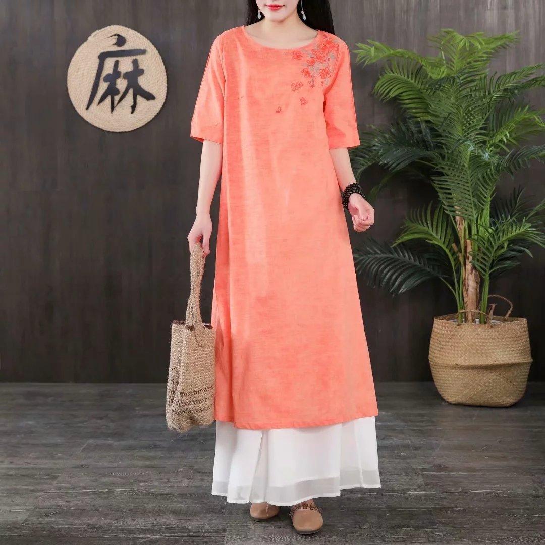 Style side open cotton linen dress Work Outfits orange red embroidery Dresses summer - Omychic