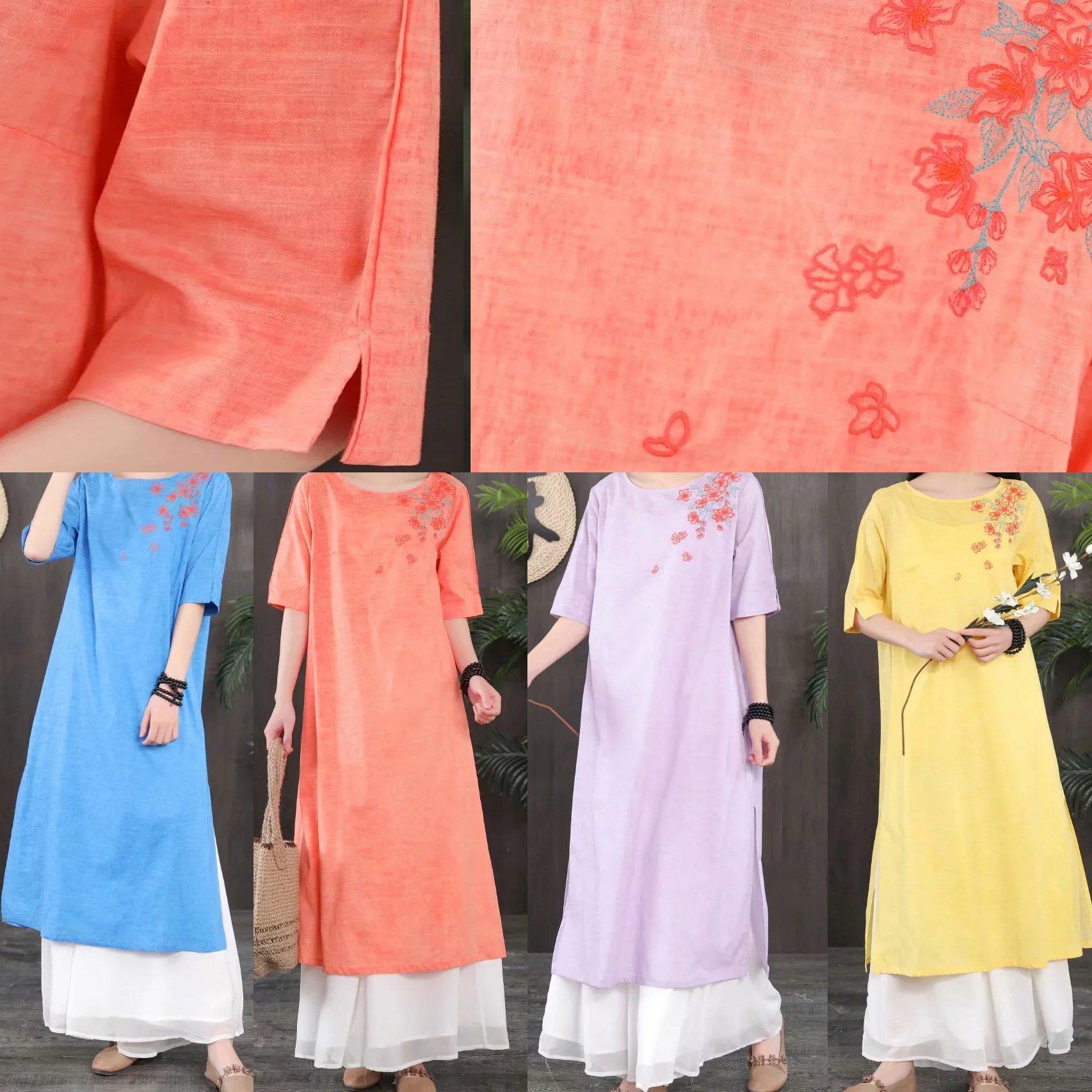 Style side open cotton linen dress Work Outfits orange red embroidery Dresses summer - Omychic