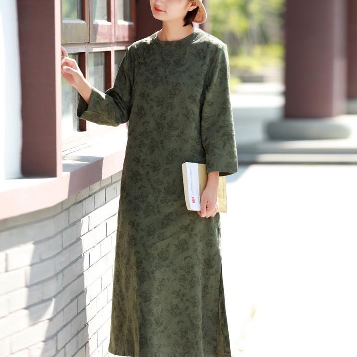 Style side open cotton spring dress Outfits green jacquard long Dresses - Omychic
