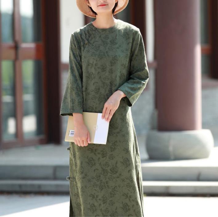 Style side open cotton spring dress Outfits green jacquard long Dresses - Omychic