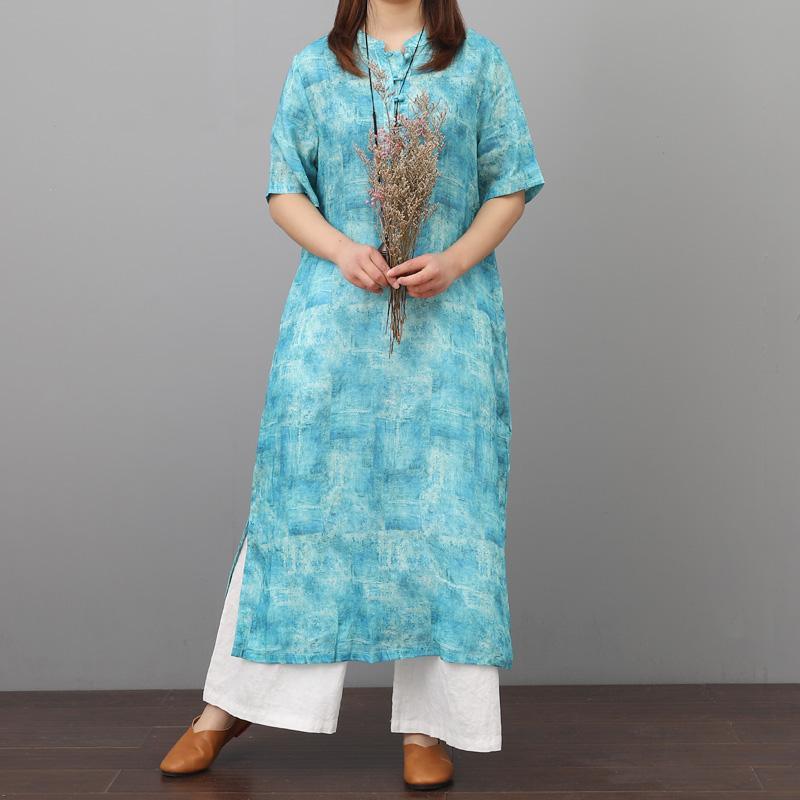 Style side open linen clothes For Women Inspiration blue floral Dresses stand collar summer - Omychic