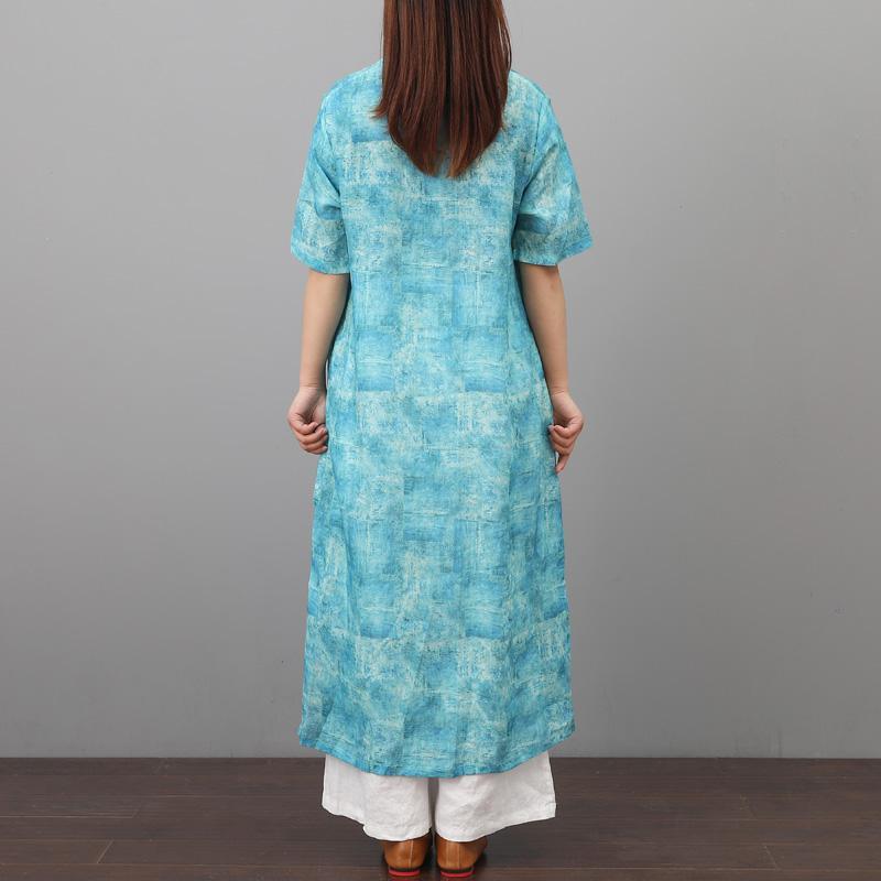 Style side open linen clothes For Women Inspiration blue floral Dresses stand collar summer - Omychic