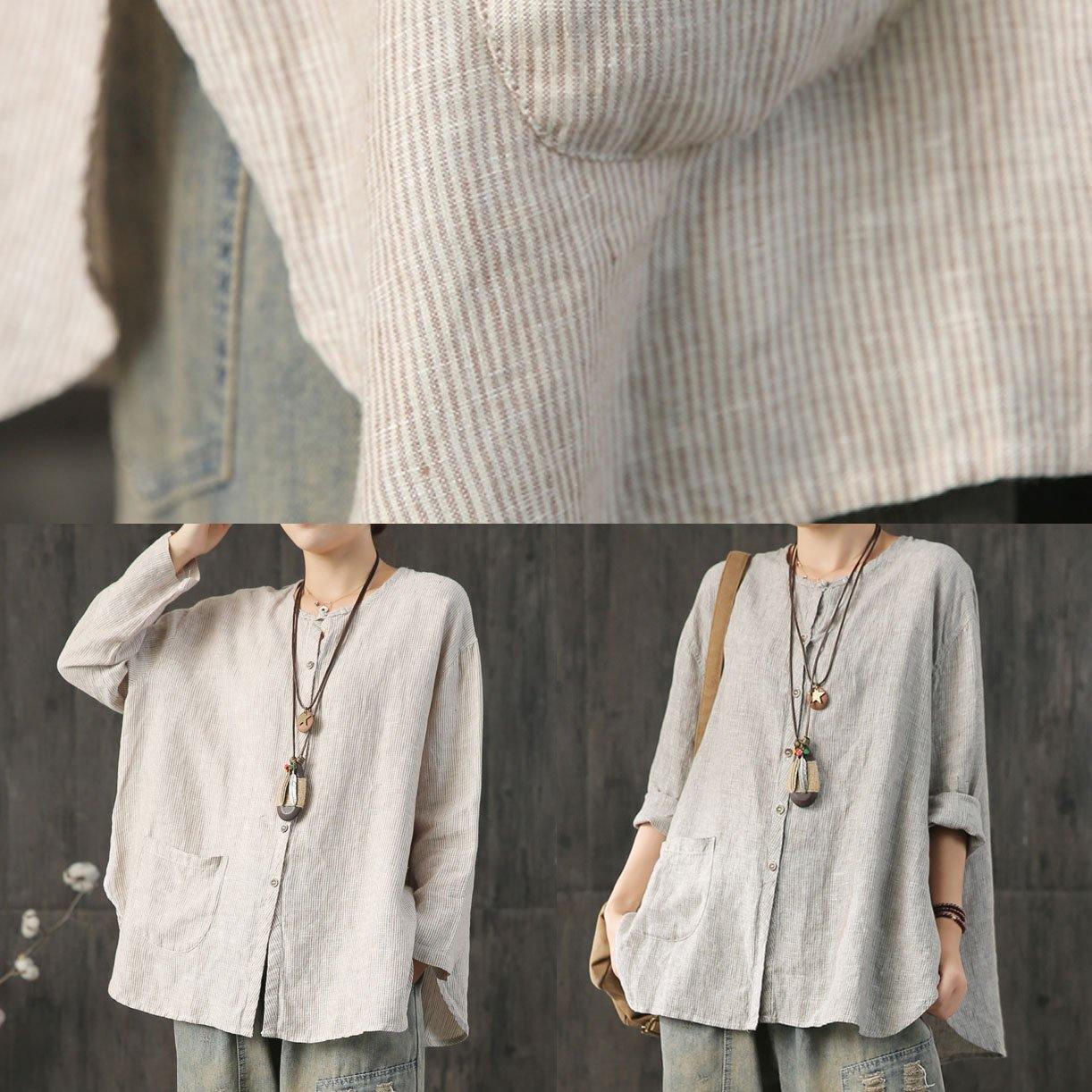 Style side open linen cotton Long Shirts khaki striped Knee blouse fall - Omychic