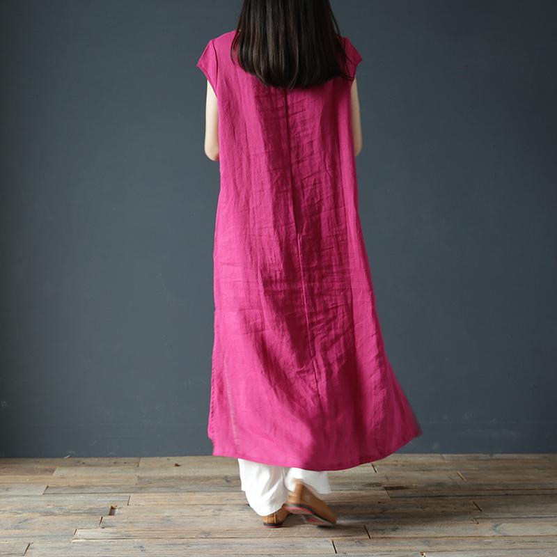 Style side open linen cotton Robes Runway rose Dress summer - Omychic